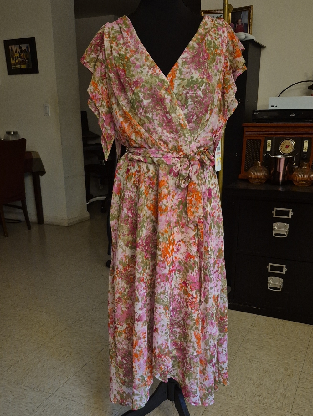 Floral Faux Wrap Midi Dress in Pink and Orange